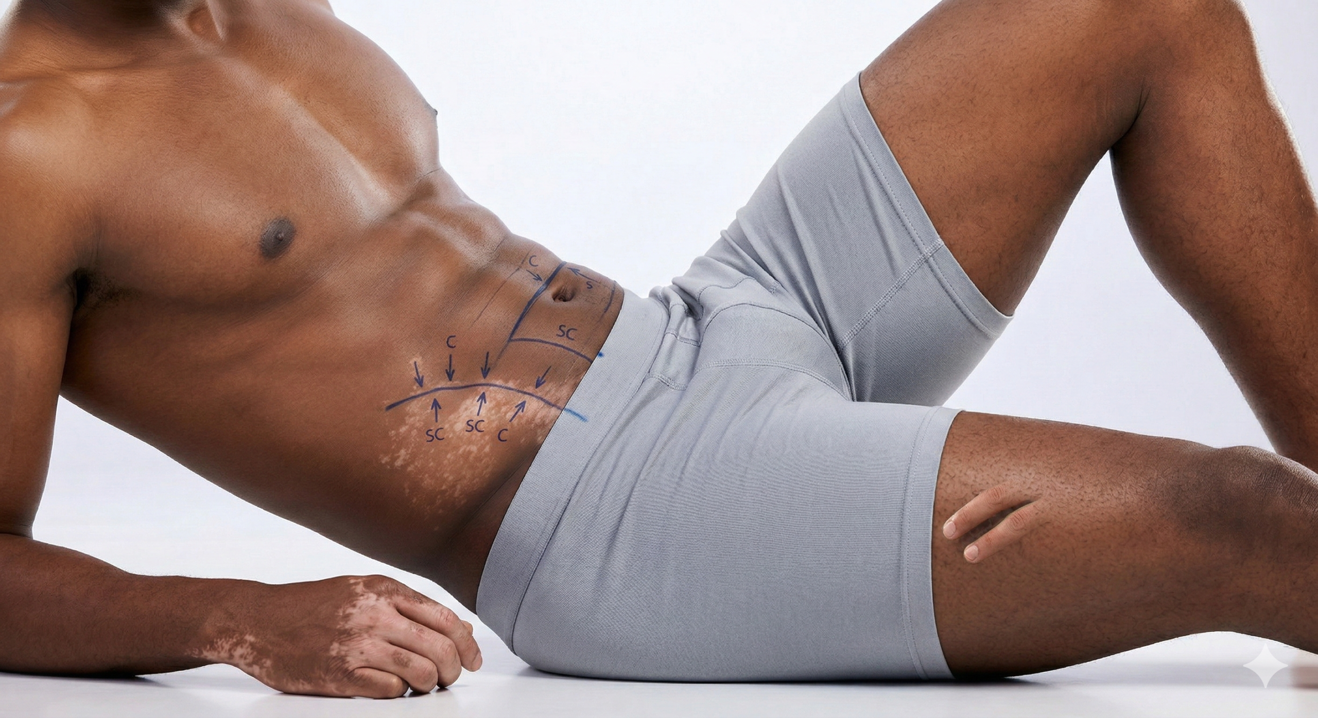 Primer plano del abdomen y muslos de un hombre reclinado con vitíligo, vistiendo pantalones cortos grises. Se ven marcas de marcadores quirúrgicos azules y etiquetas como 'C', 'SC' y flechas en su torso sobre las áreas con vitíligo, mostrando la planificación de un procedimiento de liposucción o contorneo corporal en el contexto de la piel con vitíligo. El fondo es un estudio blanco limpio y difuso.