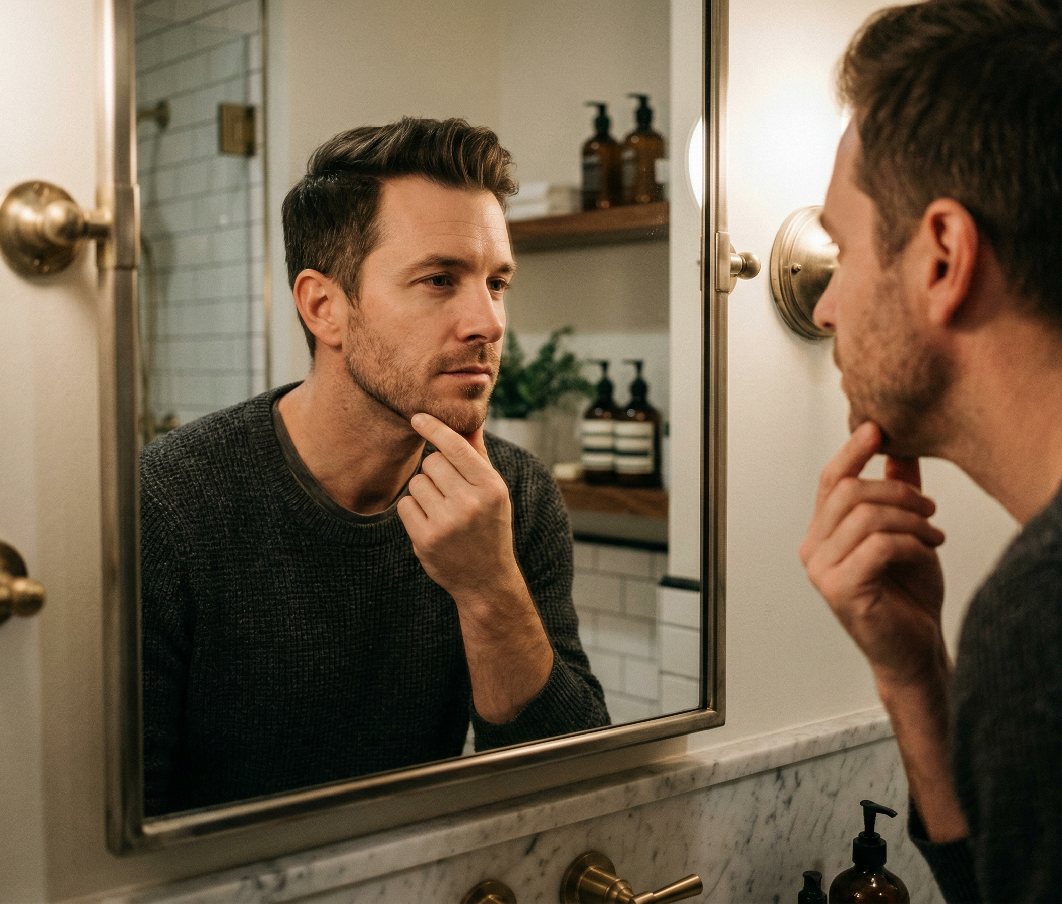 Paciente evaluando grasa localizada bajo el mentón antes de una liposucción cervical.