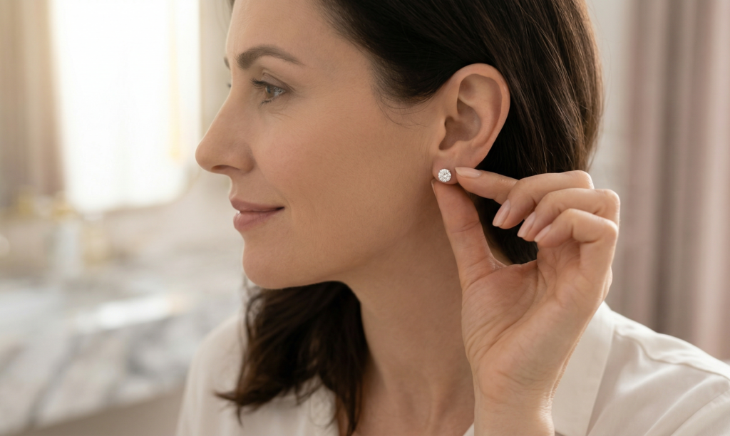 Mujer poniéndose un pendiente tras el resultado de una lobuloplastia en Barcelona.