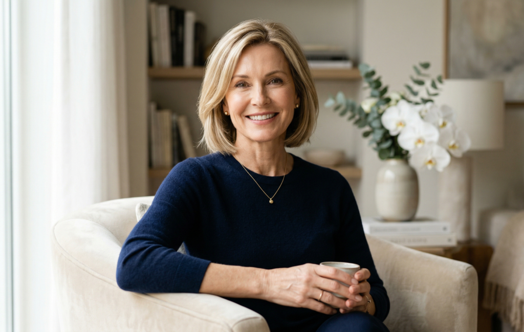 Resultado natural de lifting facial en Barcelona en mujer de 50 años, mostrando firmeza en rostro y cuello.