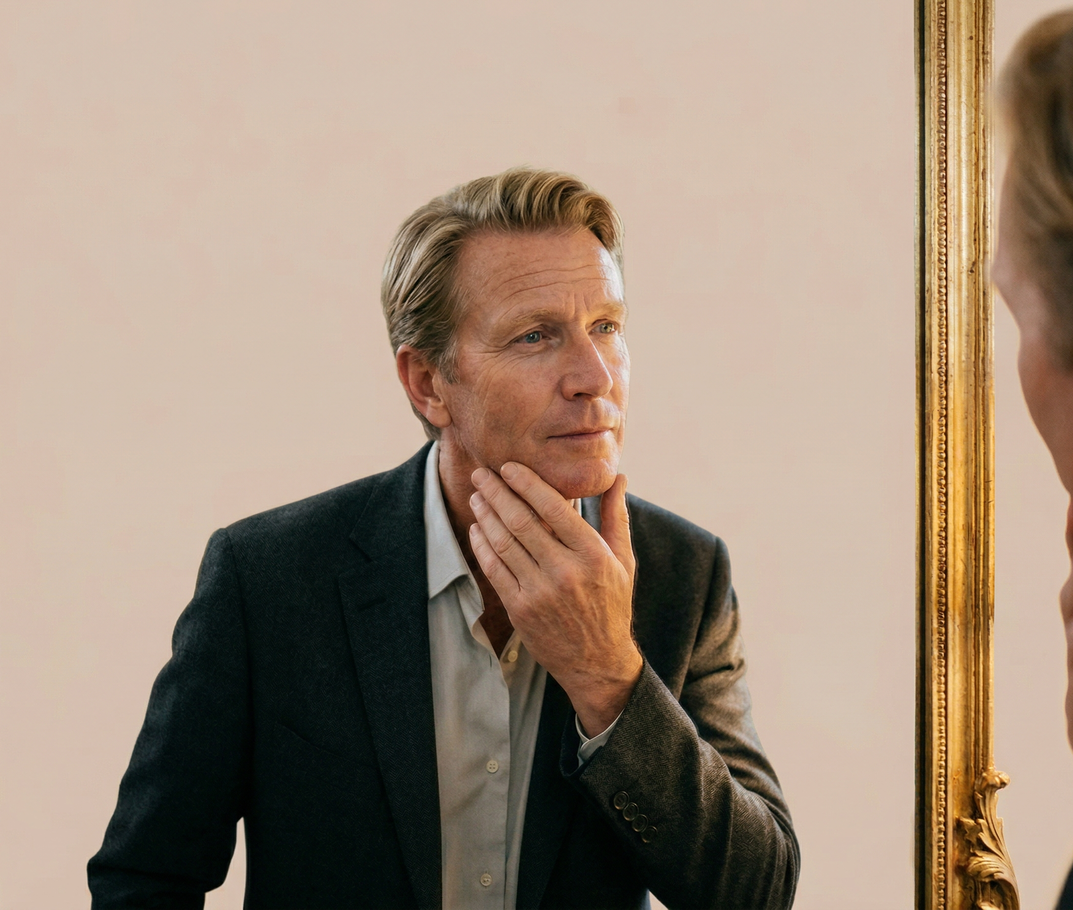 Paciente masculino en Barcelona evaluando la flacidez del óvalo facial y cuello antes de un lifting.