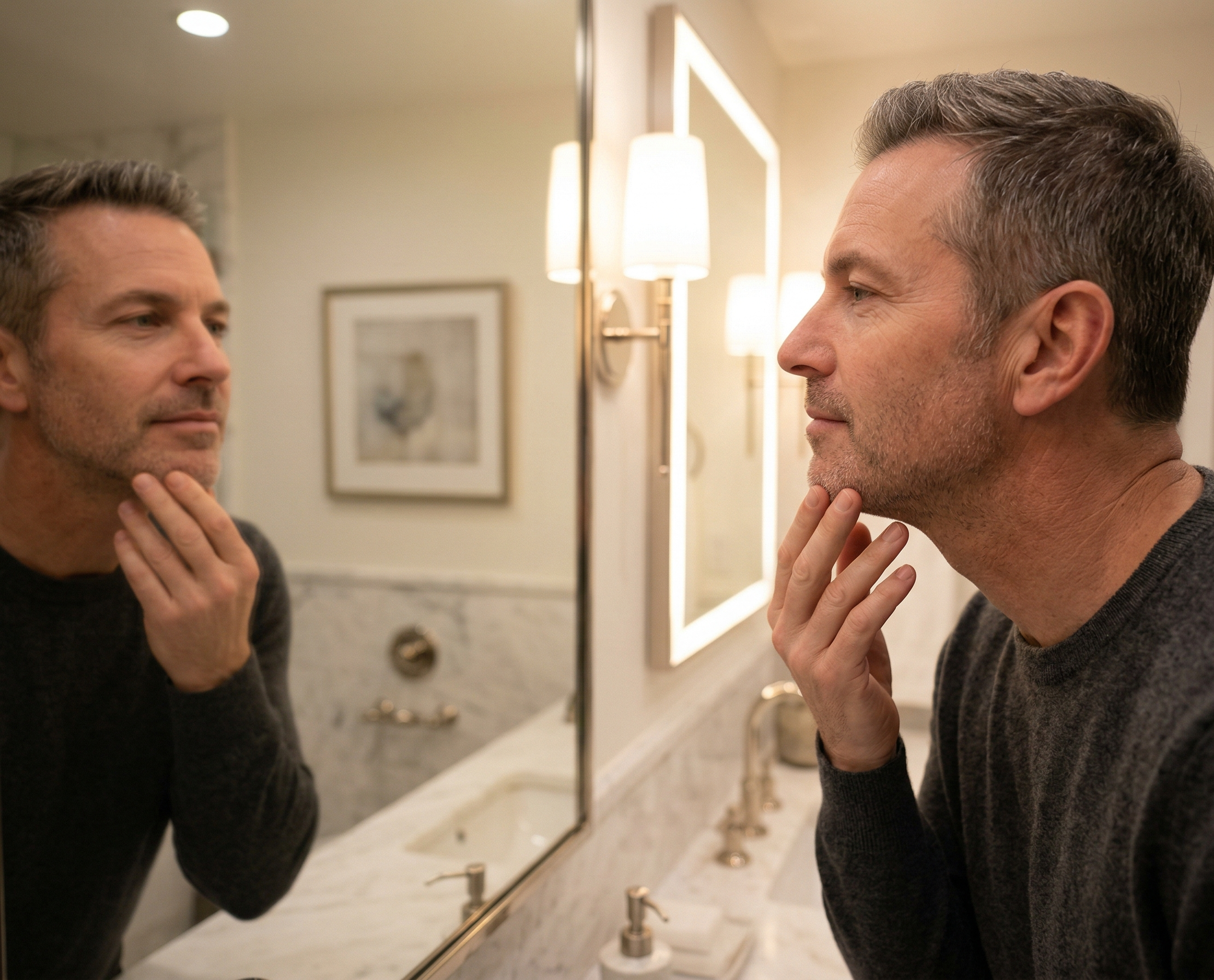 Paciente masculino evaluando flacidez mandibular y papada antes del tratamiento de Endolifting en Barcelona.