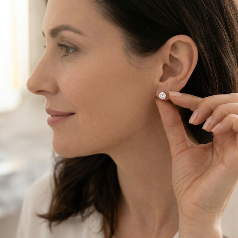 Mujer poniéndose un pendiente tras el resultado de una lobuloplastia en Barcelona.